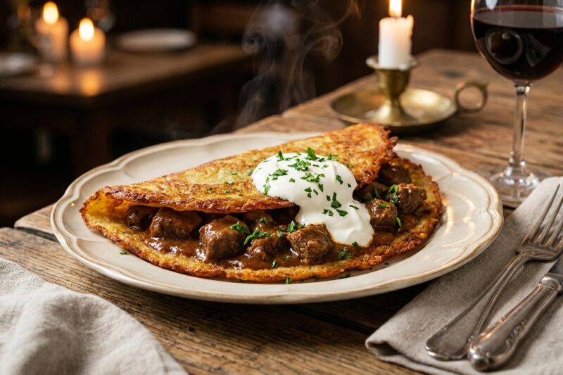 Placek po węgiersku – przepis na chrupiący klasyk z gulaszem