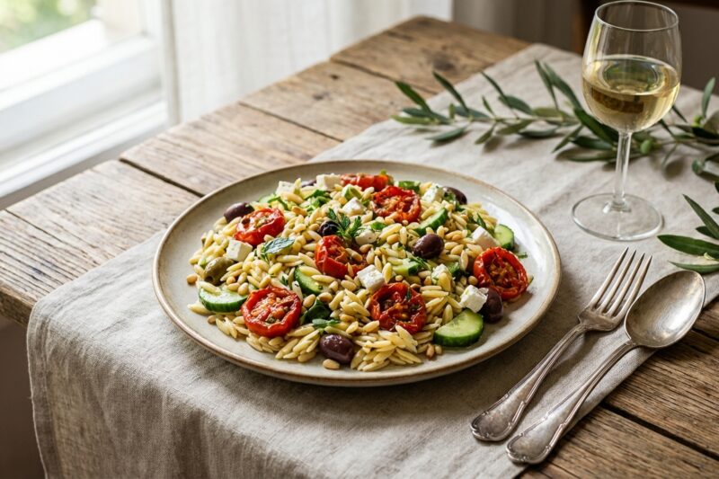 Sałatka z makaronem orzo – szybki przepis na imprezę i do lunchboxa